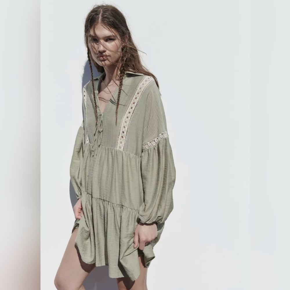 Sage Green Tiered Dress With Boho Eyelet Details